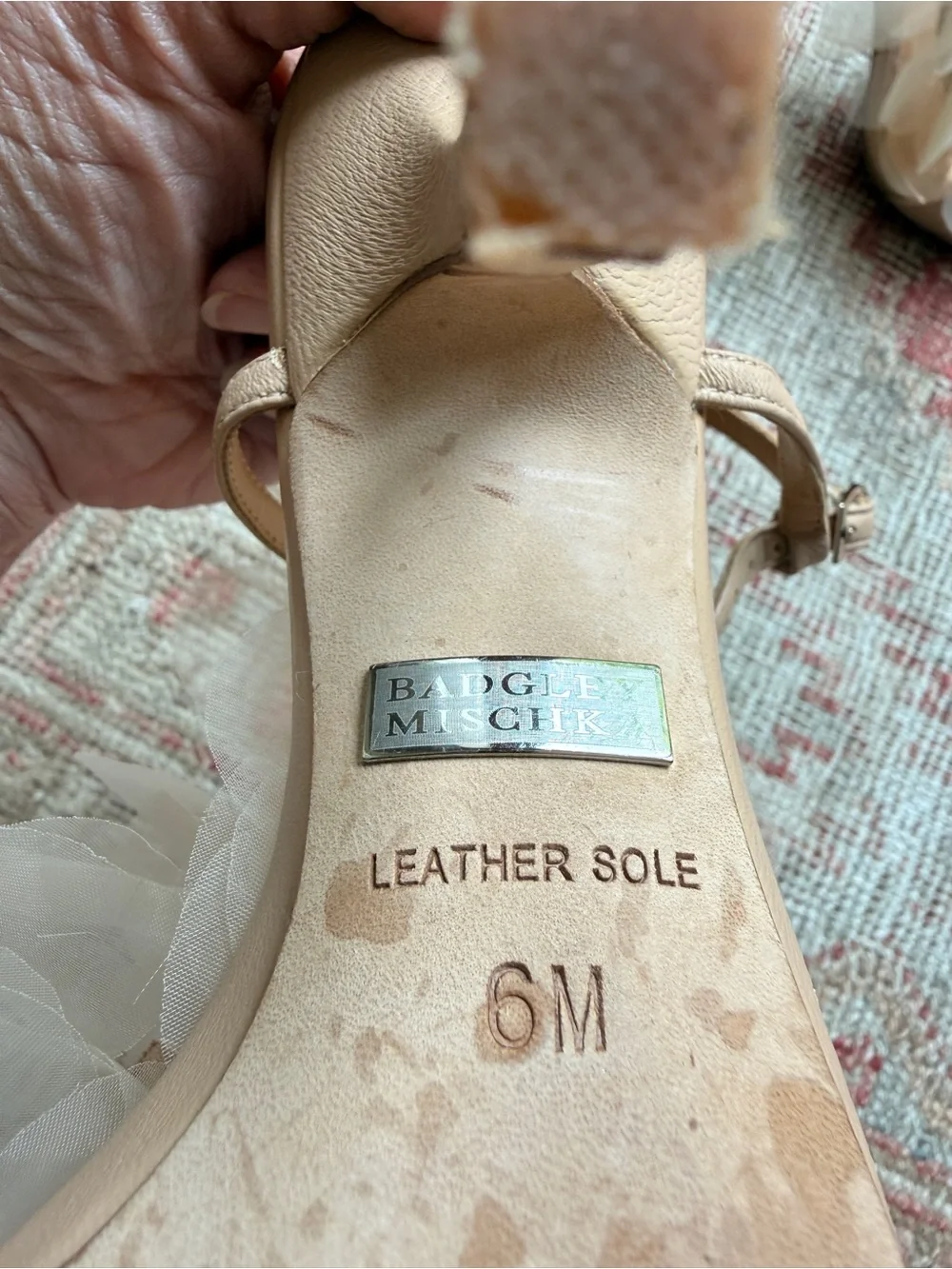 Badgley Mischka Blush and Cream Floral Appliqué T-Strap Heels